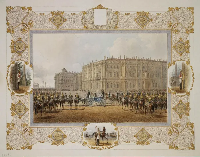 Framed Print : Review of the Horse-Guardsmen Regiment in Front of the Winter Palace, 1850s. Artist: Sadovnikov, Vasily Semyonovich (1800-1879) Framed Print : Review of the Horse-Guardsmen Regiment in Front of the Winter Palace, 1850s. Artist: Sadovnikov, Vasily Semyonovich (1800-1879)