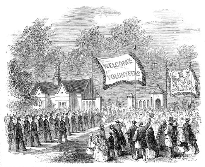 Framed Print : The Review of Lancashire Rifle Volunteers in Knowsley Park - Huyton Lodge Volunteers... 1860. Creator: Unknown Framed Print : The Review of Lancashire Rifle Volunteers in Knowsley Park - Huyton Lodge Volunteers... 1860. Creator: Unknown