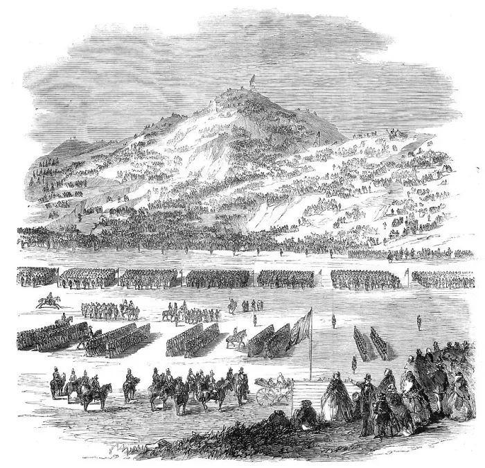 Framed Print : The Review by Her Majesty of Rifle Volunteers at Edinburgh: view looking towards... 1860. Creator: Unknown Framed Print : The Review by Her Majesty of Rifle Volunteers at Edinburgh: view looking towards... 1860. Creator: Unknown