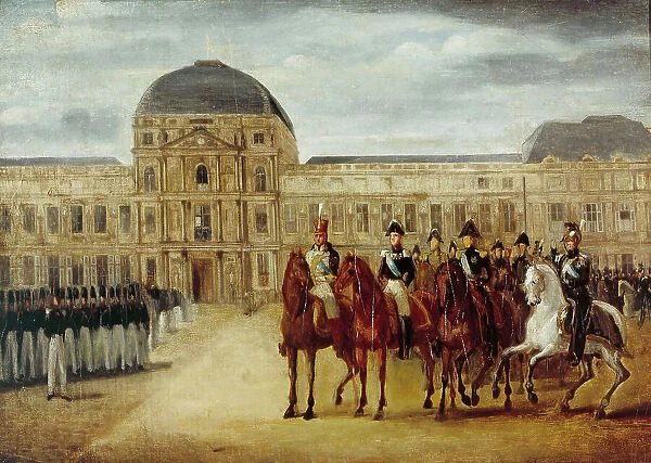 Review passing in front of Tuileries Palace, around 1820. Creator: Unknown
