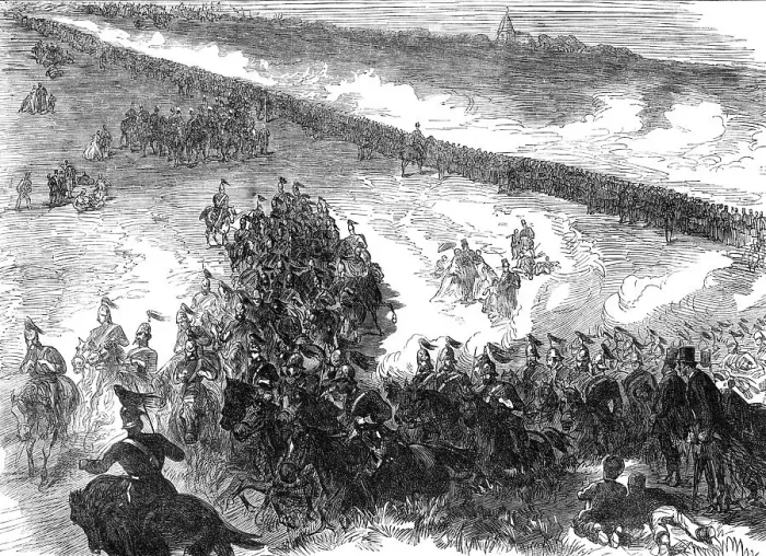 Framed Print : Review and Sham Fight of the Dover and Shorncliffe Garrisons at Round Down, Folkestone, 1865. Creator: Unknown Framed Print : Review and Sham Fight of the Dover and Shorncliffe Garrisons at Round Down, Folkestone, 1865. Creator: Unknown