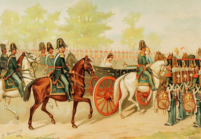 Framed Print : Review of the troops and national militia by the queen governor, 1889. Creator: Juan Alaminos