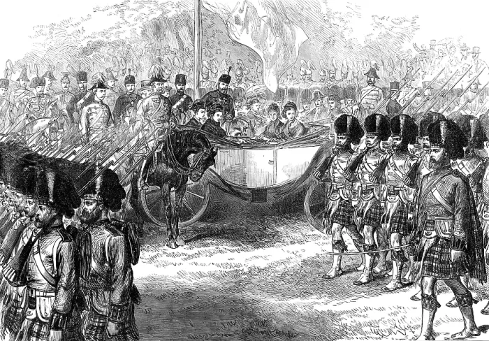 Framed Print : Review at Windsor of troops from the Ashantee War:42nd Highlanders marching past the Queen, 1874. Creator: Unknown Framed Print : Review at Windsor of troops from the Ashantee War:42nd Highlanders marching past the Queen, 1874. Creator: Unknown