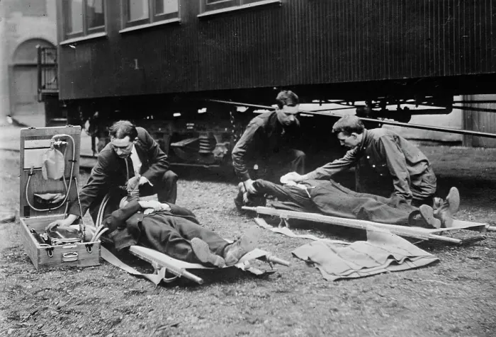 Framed Print : Reviving mine victims, between c1910 and c1915. Creator: Bain News Service Framed Print : Reviving mine victims, between c1910 and c1915. Creator: Bain News Service