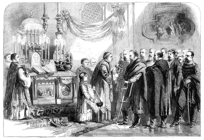 Framed Print : The Revolution in Naples - Garibaldi at the Shrine of the Virgin of Piedigrotta on the 8th... 1860. Creator: W Thomas Framed Print : The Revolution in Naples - Garibaldi at the Shrine of the Virgin of Piedigrotta on the 8th... 1860. Creator: W Thomas