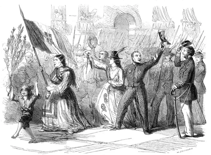 Framed Print : The Revolution in Naples - street scene in Naples the day after the arrival of Garibaldi... 1860. Creator: W Thomas Framed Print : The Revolution in Naples - street scene in Naples the day after the arrival of Garibaldi... 1860. Creator: W Thomas