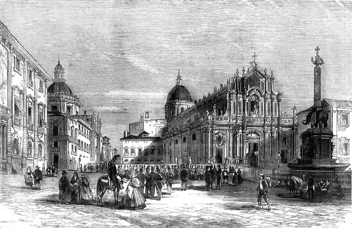 Framed Print : The Revolution in Sicily - the Cathedral and Square of the Elephant, Catania, 1860. Creator: Unknown Framed Print : The Revolution in Sicily - the Cathedral and Square of the Elephant, Catania, 1860. Creator: Unknown