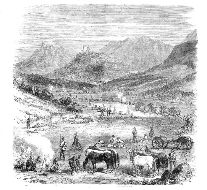 Framed Print : The Revolution in Sicily - Our First Bivouac at sunrise, near Villafrati - from a sketch... 1860. Creator: Unknown. The Revolution in Sicily - Our First Bivouac at sunrise, near Villafrati - from a sketch... 1860. Creator: Unknown Framed Print : The Revolution in Sicily - Our First Bivouac at sunrise, near Villafrati - from a sketch... 1860. Creator: Unknown. The Revolution in Sicily - Our First Bivouac at sunrise, near Villafrati - from a sketch... 1860. Creator: Unknown