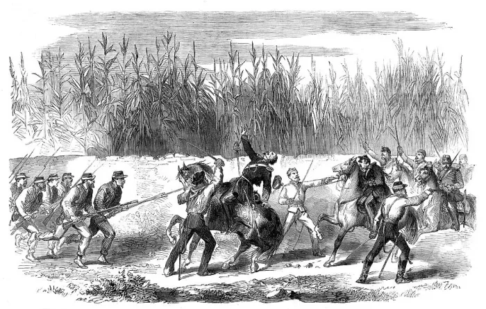 Framed Print : The Revolution in Sicily - Garibaldi cutting down the captain of the Neapolitan cavalry... 1860. Creator: Unknown Framed Print : The Revolution in Sicily - Garibaldi cutting down the captain of the Neapolitan cavalry... 1860. Creator: Unknown