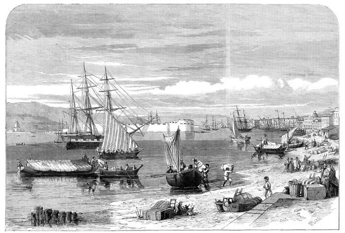 Framed Print : The Revolution in Sicily - the people relanding with their chattels at Messina... 1860. Creator: Richard Principal Leitch