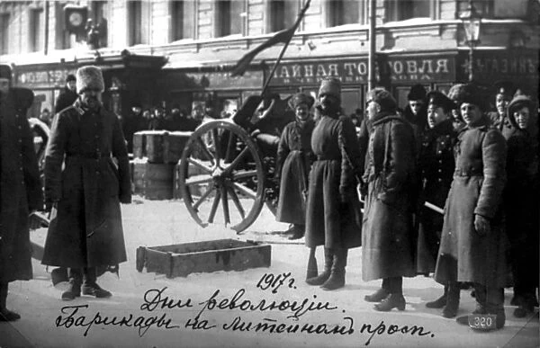 Revolutionary barricades on Liteyny Prospekt, Petrograd, Russia, 27 February 1917
