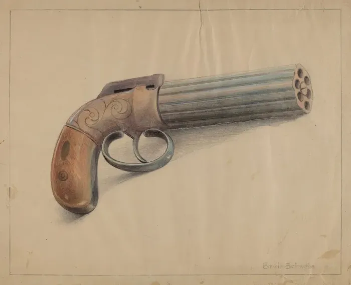 Framed Print : Revolving Pistol, c. 1936. Creator: Erwin Schwabe Framed Print : Revolving Pistol, c. 1936. Creator: Erwin Schwabe