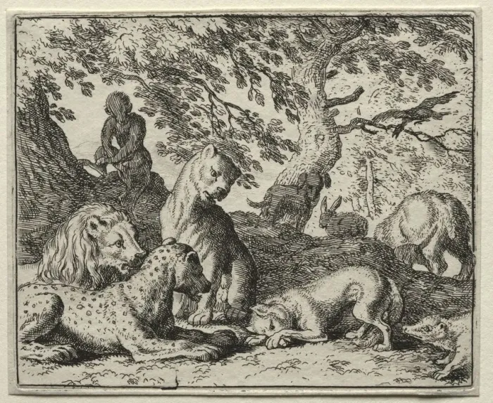 Framed Print : Reynard the Fox: Reynard Describes a False Plot Against the Lion. Creator: Allart van Everdingen Framed Print : Reynard the Fox: Reynard Describes a False Plot Against the Lion. Creator: Allart van Everdingen