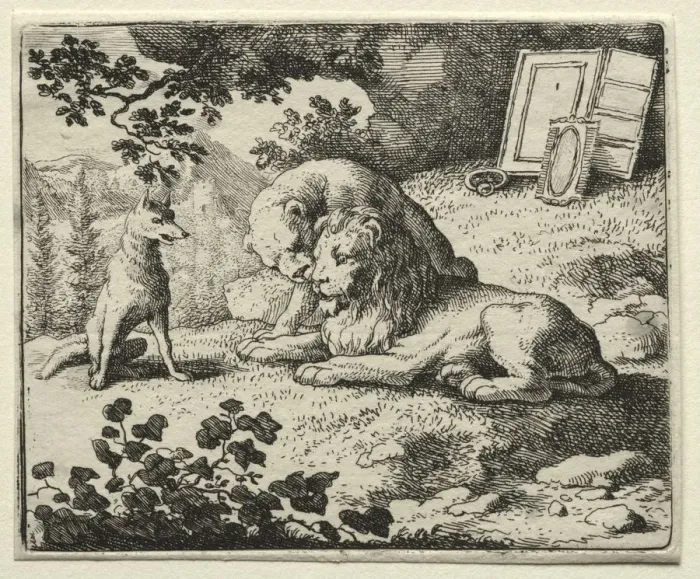 Framed Print : Reynard the Fox: Reynard Promises Gifts to the Lion. Creator: Allart van Everdingen (Dutch Framed Print : Reynard the Fox: Reynard Promises Gifts to the Lion. Creator: Allart van Everdingen (Dutch
