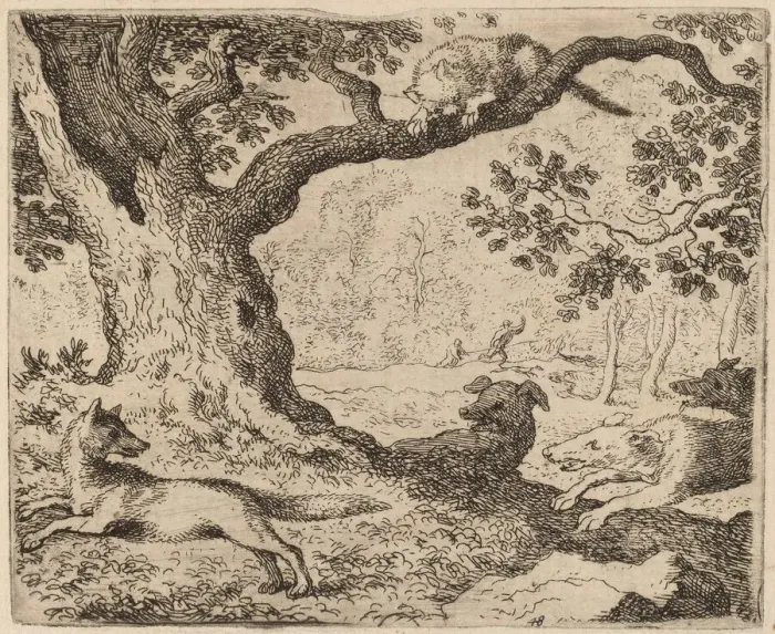 Framed Print : Reynards Father and the Cat Pursued by Hounds, probably c. 1645 / 1656 Framed Print : Reynards Father and the Cat Pursued by Hounds, probably c. 1645 / 1656
