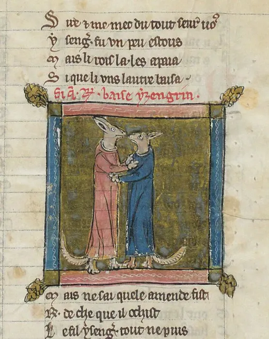 Framed Print : Reynardus and Ysengrimus. Miniature from Renart le Nouvel by Jacquemart Giélée, c. 1300. Creator: Anonymous Framed Print : Reynardus and Ysengrimus. Miniature from Renart le Nouvel by Jacquemart Giélée, c. 1300. Creator: Anonymous