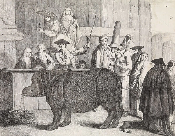 The Rhinoceros, Clara, in the foreground, her keeper holding her horn and a whip