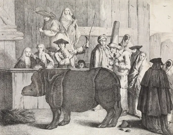 Framed Print : The Rhinoceros, Clara, in the foreground, her keeper holding her horn and a whip Framed Print : The Rhinoceros, Clara, in the foreground, her keeper holding her horn and a whip