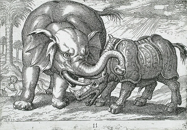 A Rhinoceros Fighting an Elephant, 1610. Creator: Hendrick Hondius I