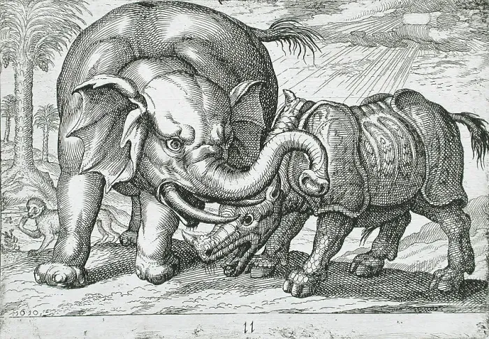 Framed Print : A Rhinoceros Fighting an Elephant, 1610. Creator: Hendrick Hondius I Framed Print : A Rhinoceros Fighting an Elephant, 1610. Creator: Hendrick Hondius I
