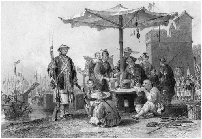 Framed Print : Rice sellers at the military station of Tong-Chang-foo, China, 19th century. Artist: R Staines Framed Print : Rice sellers at the military station of Tong-Chang-foo, China, 19th century. Artist: R Staines