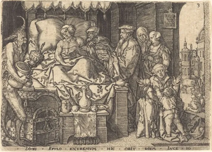 Framed Print : The Rich Man on His Death Bed, 1554. Creator: Heinrich Aldegrever Framed Print : The Rich Man on His Death Bed, 1554. Creator: Heinrich Aldegrever