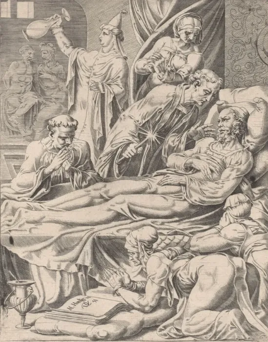 Framed Print : The Rich Man on His Deathbed, from The Parable of Lazarus and the Rich Man, plate 2, 1551 Framed Print : The Rich Man on His Deathbed, from The Parable of Lazarus and the Rich Man, plate 2, 1551