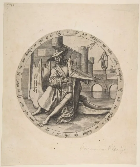 Framed Print : The Rich Man Playing Violin on a Jaw Bone, ca. 1568. Creator: Jan Wierix Framed Print : The Rich Man Playing Violin on a Jaw Bone, ca. 1568. Creator: Jan Wierix