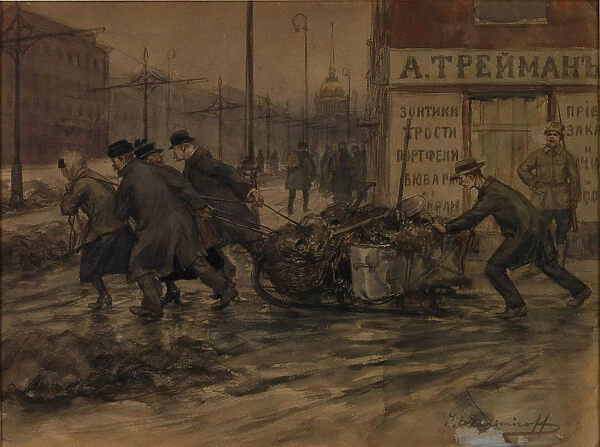 Rich merchants and Russian noblemen set to pulling out rubbish from yards, 1920