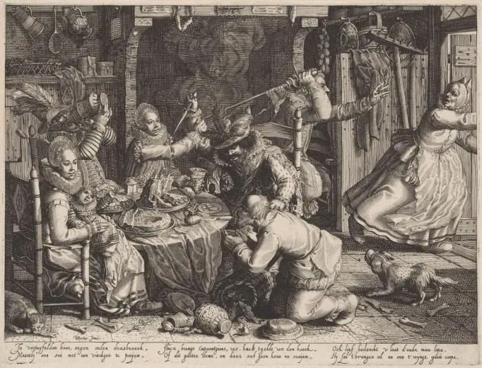 Framed Print : Rich society eating. From the Series Boereverdriet (Horrors of War to the Peasants), 1610 Framed Print : Rich society eating. From the Series Boereverdriet (Horrors of War to the Peasants), 1610