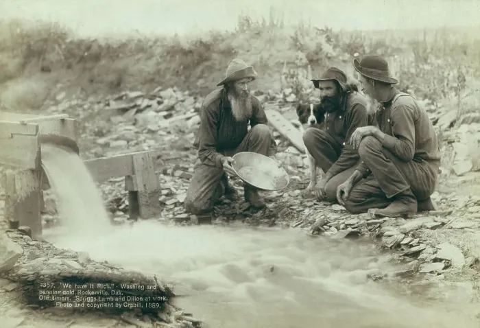 Framed Print : We have it rich Washing and panning gold, Rockerville, Dak Old timers, Spriggs, Lamb... 1889. Creator: John C. H. Grabill Framed Print : We have it rich Washing and panning gold, Rockerville, Dak Old timers, Spriggs, Lamb... 1889. Creator: John C. H. Grabill