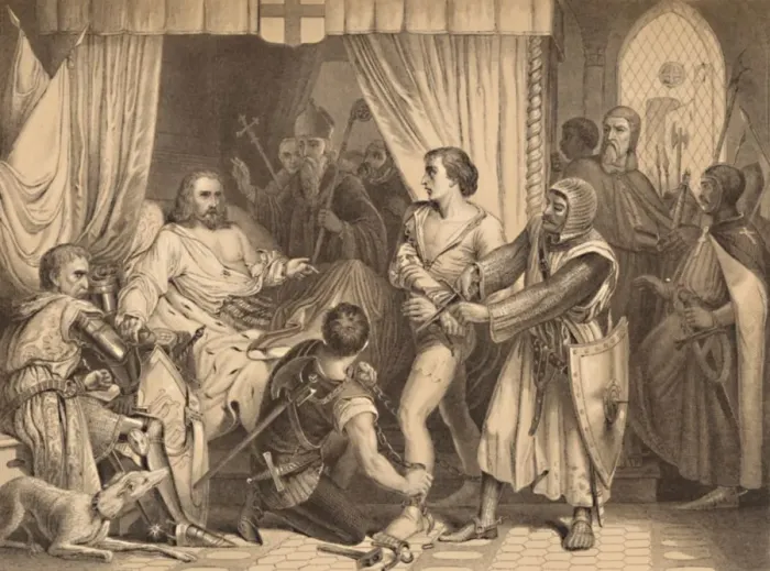 Framed Print : Richard Coeur De Lion Forgiving Bertrand De Gurdun, 1886. Artist: Thomas Brown Framed Print : Richard Coeur De Lion Forgiving Bertrand De Gurdun, 1886. Artist: Thomas Brown