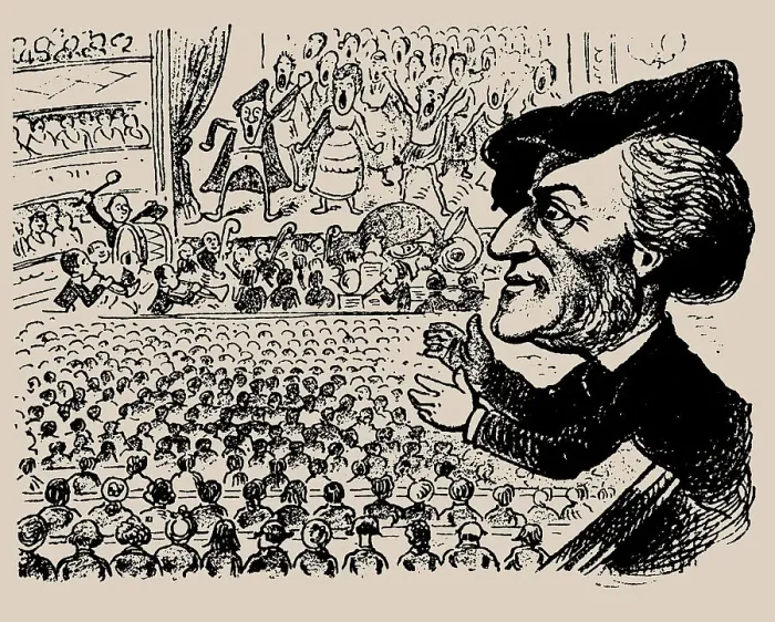 Framed Print : Richard Wagner at the performance of Die Meistersinger. Caricature from Kikeriki, c1868. Creator: Anonymous Framed Print : Richard Wagner at the performance of Die Meistersinger. Caricature from Kikeriki, c1868. Creator: Anonymous