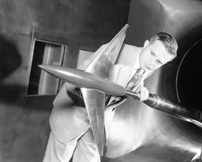 Framed Print : Richard Whitcomb with Area Rule Wind Tunnel Model, USA, April 20, 1955. Creator: Unknown Framed Print : Richard Whitcomb with Area Rule Wind Tunnel Model, USA, April 20, 1955. Creator: Unknown
