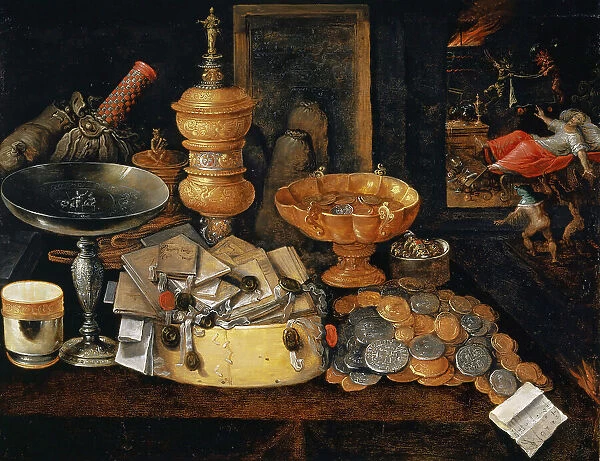 Riches and the Death of the Miser, Still Life, ca. 1600. Creator: Francken, Hieronymus II