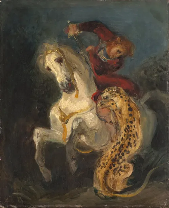 Framed Print : Rider Attacked by a Jaguar. Artist: Delacroix, Eugene (1798-1863) Framed Print : Rider Attacked by a Jaguar. Artist: Delacroix, Eugene (1798-1863)