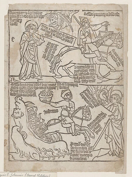 A Rider on a Black Horse with a Pair of Balances in His Hand; and A Pale Horse with D... 1440-1450. Creator: Anon