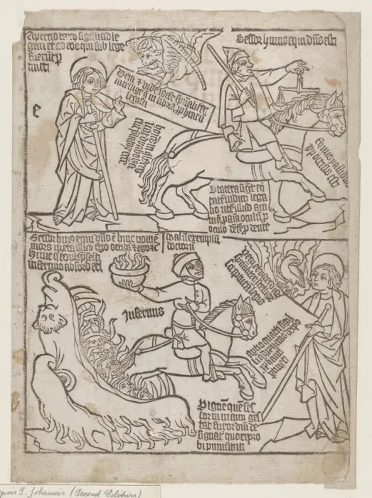 Framed Print : A Rider on a Black Horse with a Pair of Balances in His Hand; and A Pale Horse with D... 1440-1450. Creator: Anon Framed Print : A Rider on a Black Horse with a Pair of Balances in His Hand; and A Pale Horse with D... 1440-1450. Creator: Anon
