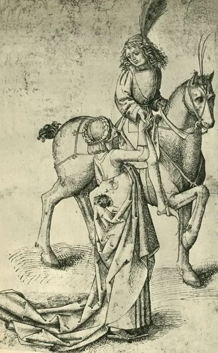Framed Print : Rider and woman, c1480, (1943). Creator: Martin Schongauer Framed Print : Rider and woman, c1480, (1943). Creator: Martin Schongauer