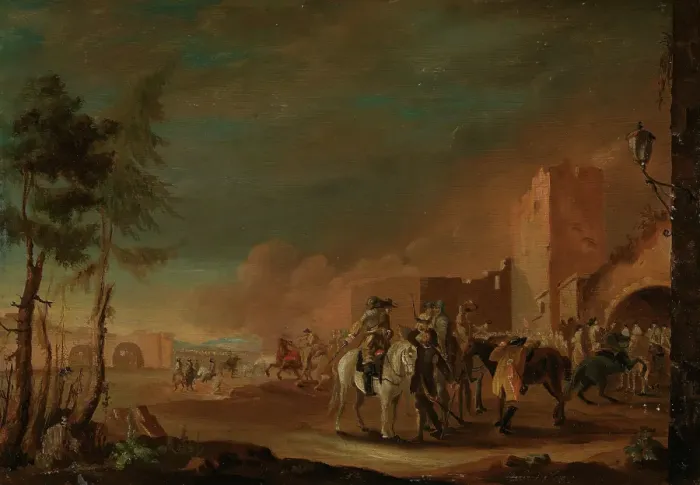 Framed Print : Riders in burning city, 1768. Creator: VS Framed Print : Riders in burning city, 1768. Creator: VS