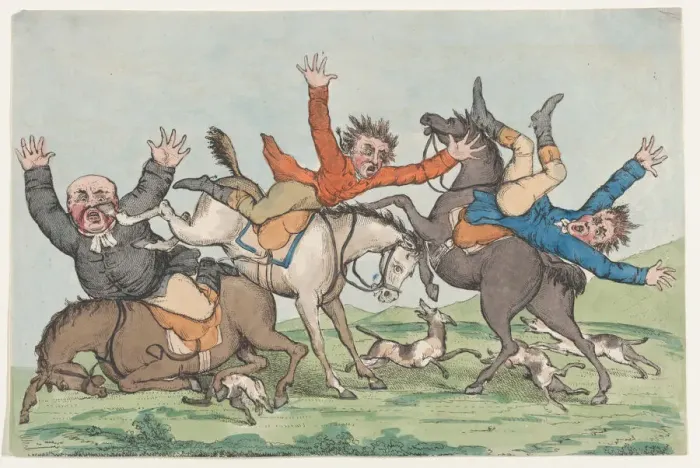 Framed Print : Three Riders Fall from their Mounts, 1780-1820. Creator: Unknown Framed Print : Three Riders Fall from their Mounts, 1780-1820. Creator: Unknown