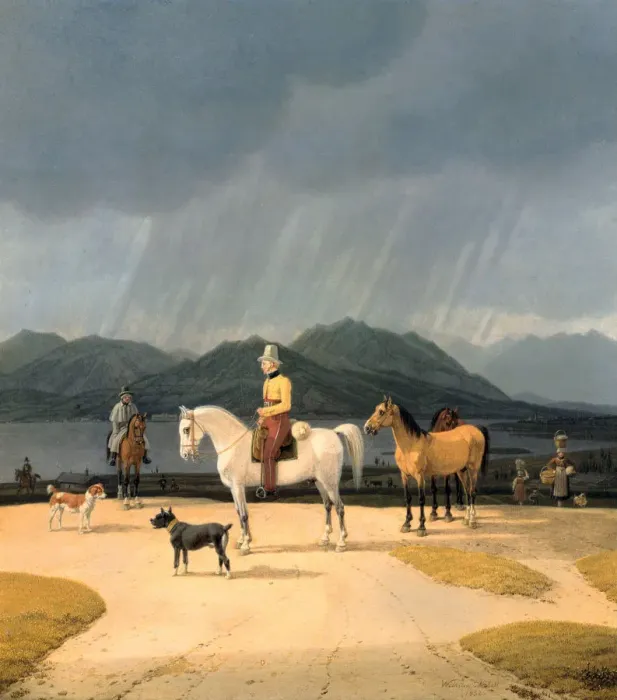Framed Print : Riders at the Tegernsee, 1832. Artist: Kobell, Wilhelm, Ritter von (1766-1853) Framed Print : Riders at the Tegernsee, 1832. Artist: Kobell, Wilhelm, Ritter von (1766-1853)
