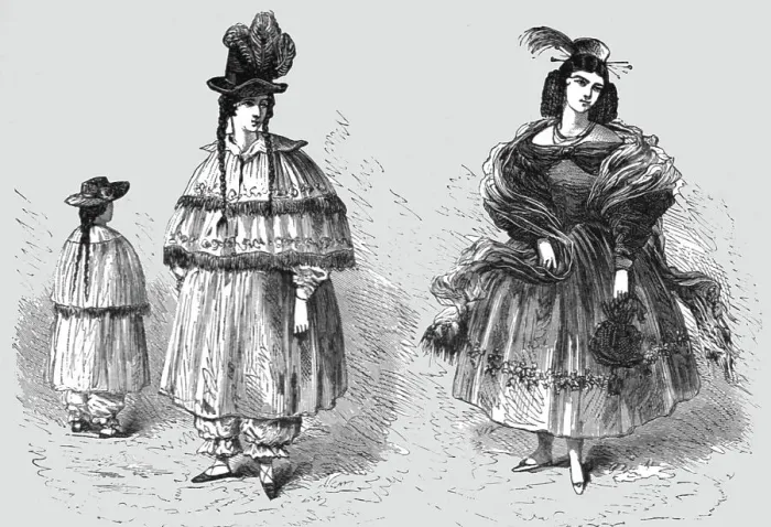 Framed Print : Riding and Full-Dress costume of the Peruvian Ladies; Lima and the Andes, 1875. Creator: Unknown Framed Print : Riding and Full-Dress costume of the Peruvian Ladies; Lima and the Andes, 1875. Creator: Unknown