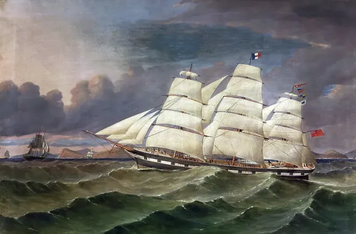 Framed Print : The Full rigged ship Caribou off the Otago Coast, Taieri Head on starboard quarter, c1867. Creator: Thomas Robertson Framed Print : The Full rigged ship Caribou off the Otago Coast, Taieri Head on starboard quarter, c1867. Creator: Thomas Robertson