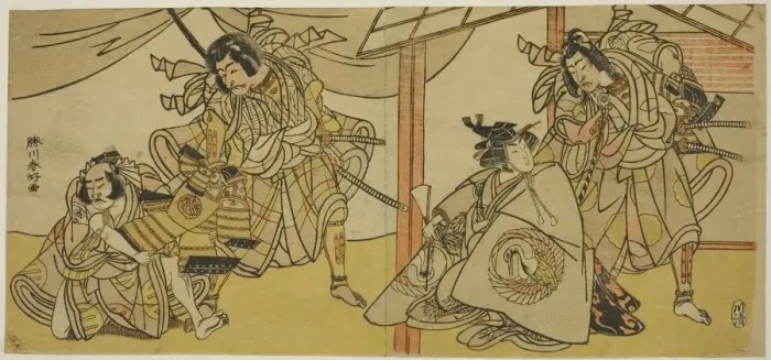 Framed Print : Right-Hand Page: The Actors Bando Hikosaburo III as Soga no Goro (right), and Segawa... c. 1780. Creator: Katsukawa Shunko Framed Print : Right-Hand Page: The Actors Bando Hikosaburo III as Soga no Goro (right), and Segawa... c. 1780. Creator: Katsukawa Shunko