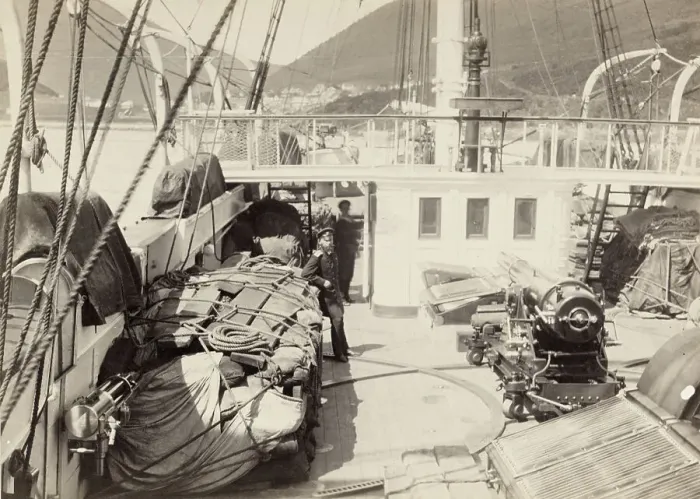 Framed Print : The Right Side of the Quarterdeck with Cargo for the Anadyr Expedition, 1889. Creator: Unknown Framed Print : The Right Side of the Quarterdeck with Cargo for the Anadyr Expedition, 1889. Creator: Unknown