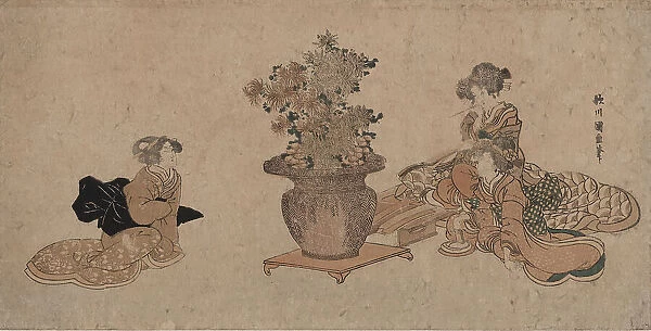 Rikka o nagameru san bijin (Three beauties admiring an arrangement of rikka...), c1810-1815. Creator: Kuninao, Utagawa (1793-1854)