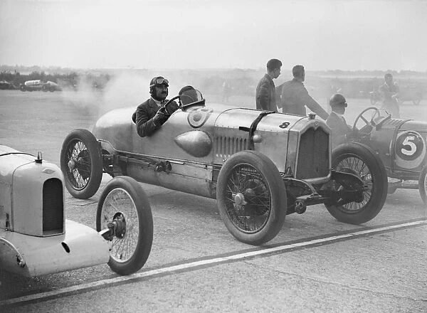 Riley, Buick and Bugatti on the start line at a Surbiton Motor Club race meeting, Brooklands, 1928
