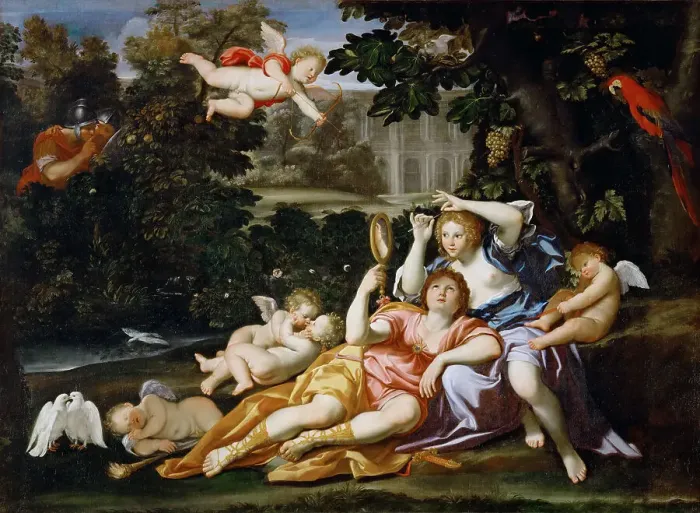 Framed Print : Rinaldo presents Armida with a mirror. Artist: Domenichino (1581-1641) Framed Print : Rinaldo presents Armida with a mirror. Artist: Domenichino (1581-1641)