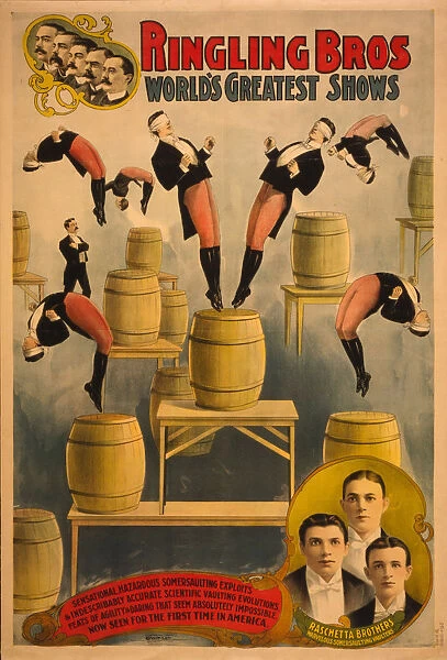 Ringling Bros, worlds greatest shows Raschetta brothers, marvelous somersaulting vaulters, c. 1900. Artist: Courier Company Lith